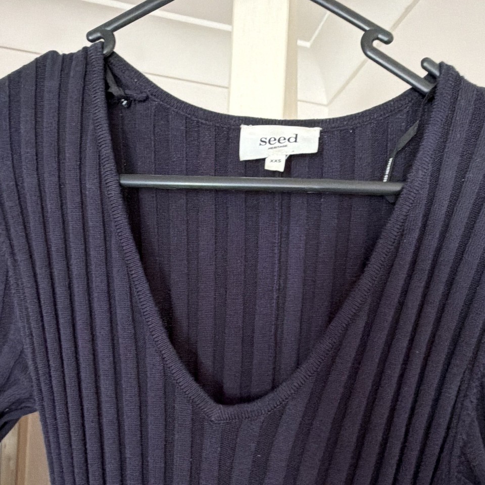 Seed Navy Ribbed Knit V-Neck Long Sleeve Bodycon Maxi Dress XXS