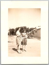 Vtg Snapshot Two Women in Dresses Standing Outside Near Car 1940s