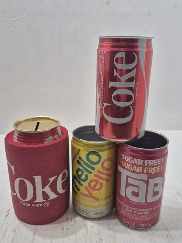 Lot of Vintage Soda Pop Cans & Coke Bank Coca Cola Mello Yello Tab Retro Ad