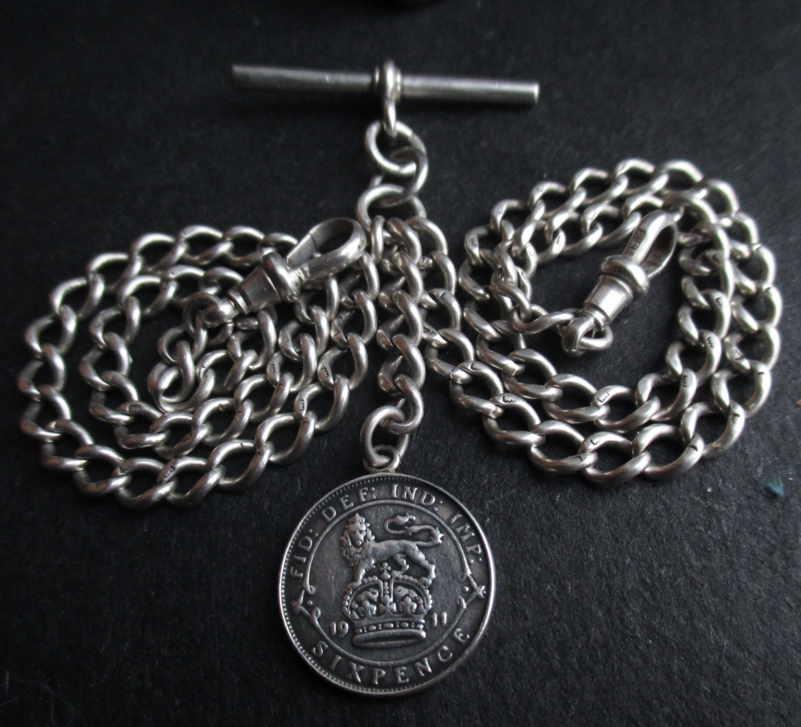 Double Albert Sterling Silver Antique  Watch Chain Hallmarked Links T Bar 1881
