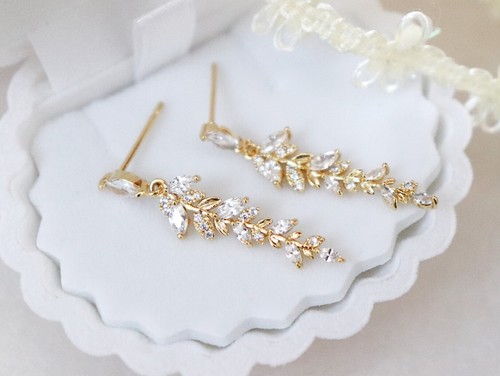 Gold Plated Long Crystal CZ Leaf Marquise Drop Dangle Earrings, Wedding Earrings - Picture 6 of 8