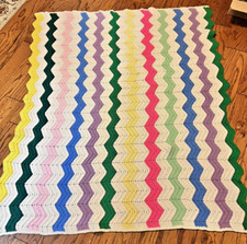 Vintage Chevron Zig Zag Rainbow Pink Crochet Afghan Couch Throw Blanket 70x85