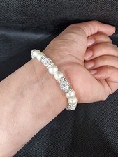 White Pearl Bracelet with Silver Diamante Balls bead Stretch Wedding Bracelet