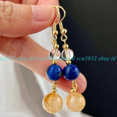 6-8-10mm Citrine & White Crysta Lapis Lazuli Round Beads Dangle Hook Earrings - Picture 10 of 12