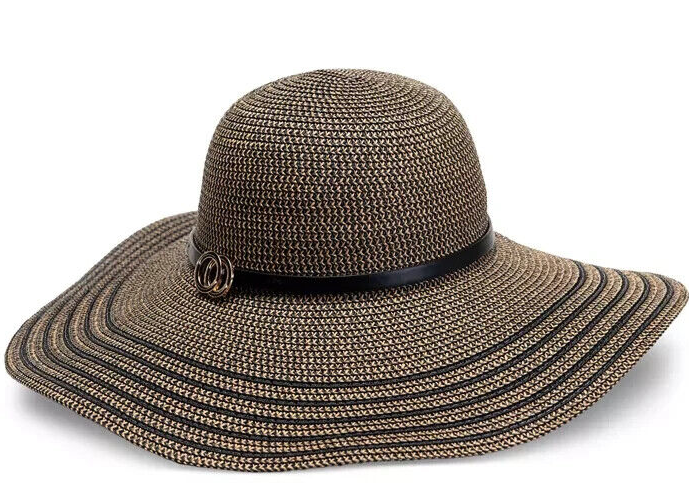 INC Sun-Hat Floppy Natural Black Straw Adjustable-Fit UV50 Sun