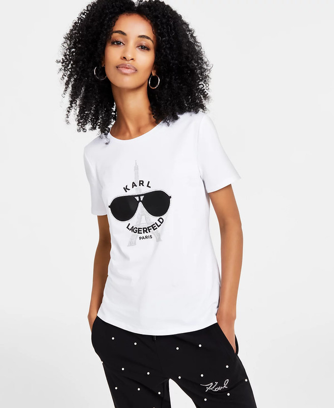NWT KARL LAGERFELD Women's Cotton Sparkles Sunglasses Graphic T-Shirt Sz S 