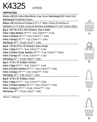 Kwik Sew Pattern 4325, SHOPPING BAGS IN 4 STYLES, New - Bild 2 von 2