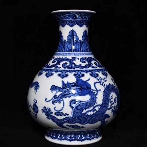Delikatny chiński ręcznie robiony obraz YongZheng niebieski biały porcelanowy wazon smoka - Zdjęcie 1 z 9