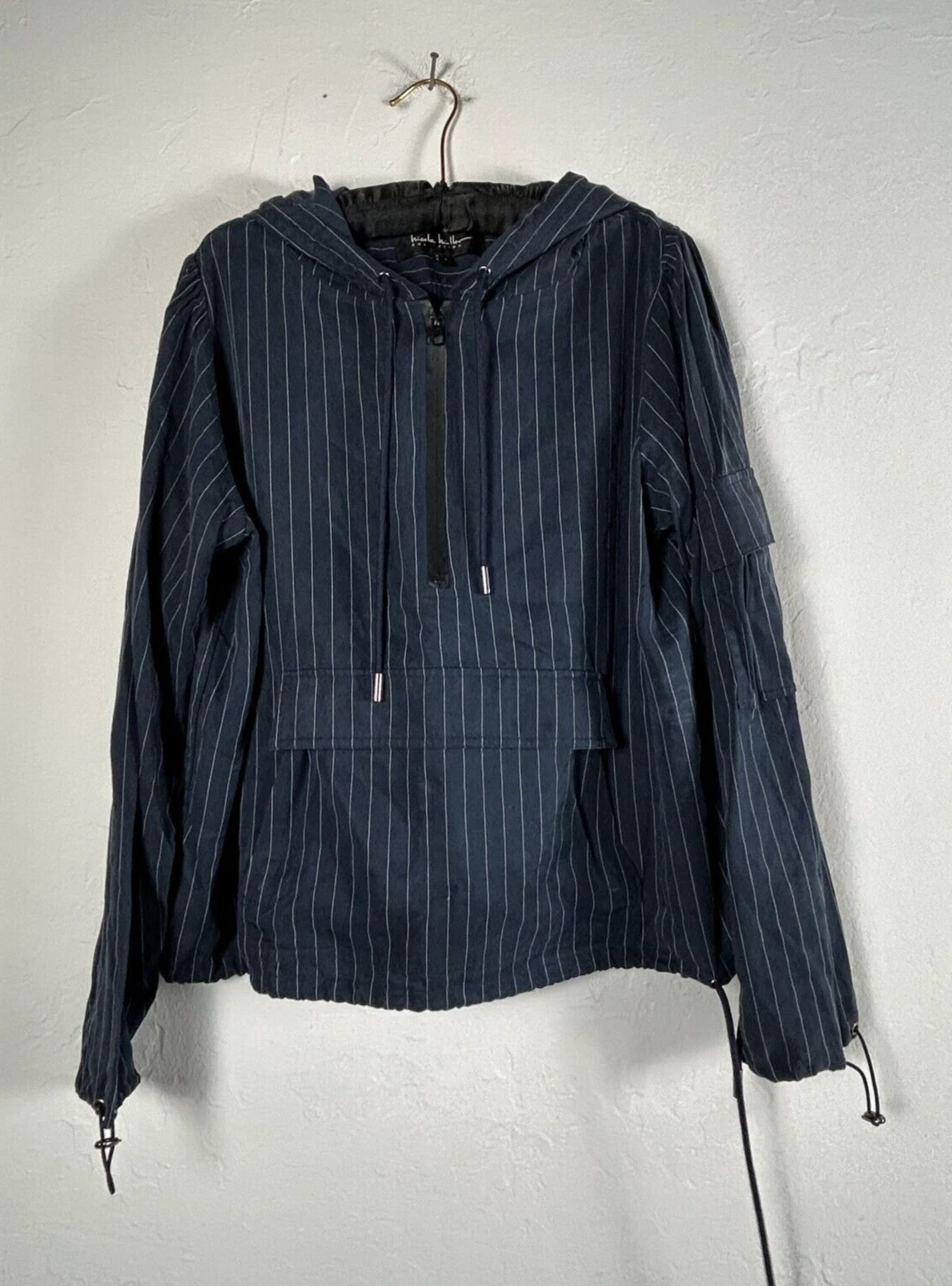 Nicole Miller Collection Women's Long Sleeve Hoodie 1/2 Zip Striped Blue Large