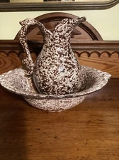 Haeger USA Pottery Speckled Brown Bowl Basin 4060 Heavy  Pitcher And Bowl Great