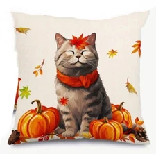 Cat Kitty Pumpkin Fall Leaves Fall Thanksgiving Throw Pillow Cover Holiday Decor