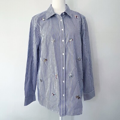 Talbots Striped Jewel Bug Button Front Collared Shirt Women s Size Medium NWOT