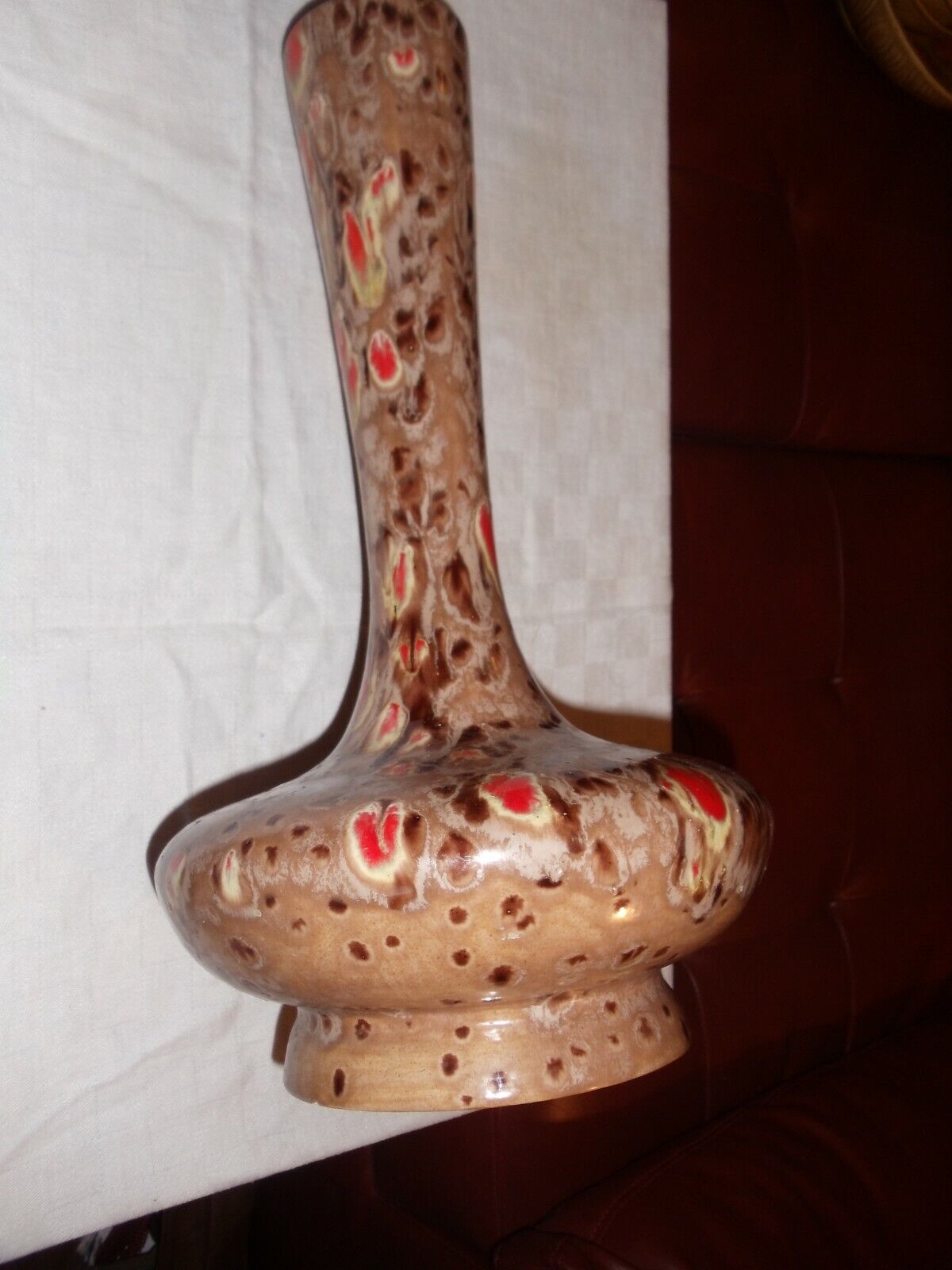 Tall VINTAGE MCM 70s tan red orange Speckled Glazed Ceramic Art Vase  Splatter