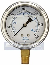 LIQUID FILLED PRESSURE GAUGE 0-300 PSI, 2.5" FACE, 1/4" NPT LOWER MOUNT WOG