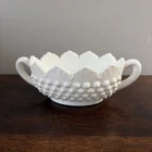 Vintage Fenton White Milk Glass Oval Hobnail Scallop Edge Bowl W/Handles 7" L