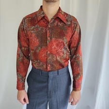 70s Red Jantzen Funky Tree Print Dagger Collar Shirt
