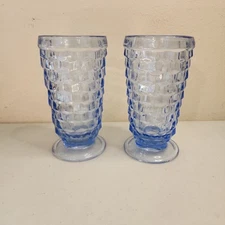 Vintage 2 Indiana Glass Whitehall Cubist Ice Blue Footed 6" Tea Glass Tumblers