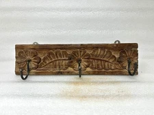 Vintage Reclaimed Wood Fine Hand Carved Floral Work Wall Hanging Key Hanger Hook