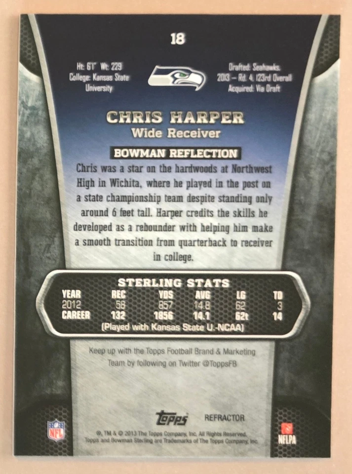 2013 Bowman Sterling 18 Chris Harper Blue Wave Refractor SP /99 Seattle Seahawks - Image 2 of 2