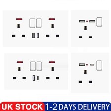 1-20x Double Wall Plug Socket 2 Gang 13A 2 Charger USB Ports Outlets Flat Plate