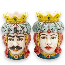 Sicilian Moor Heads (Pair) Tapestry And Crown, H 13 / 14 Cm Approx. Calt Ceramic