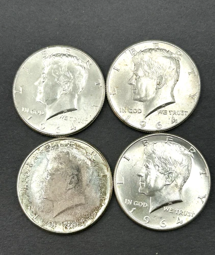 4 1964 Kennedy Silver Half Dollars from an Old Uncirculated Bank Roll - .90 Fine