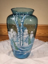 Fenton QVC Indigo Blue Vase HP Silver Birch in Winter Snowfall Christmas Scene