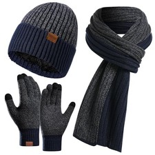 3PCS Winter Beanie Hat Scarf Touchscreen Gloves Set for Men Women, Navy Blue