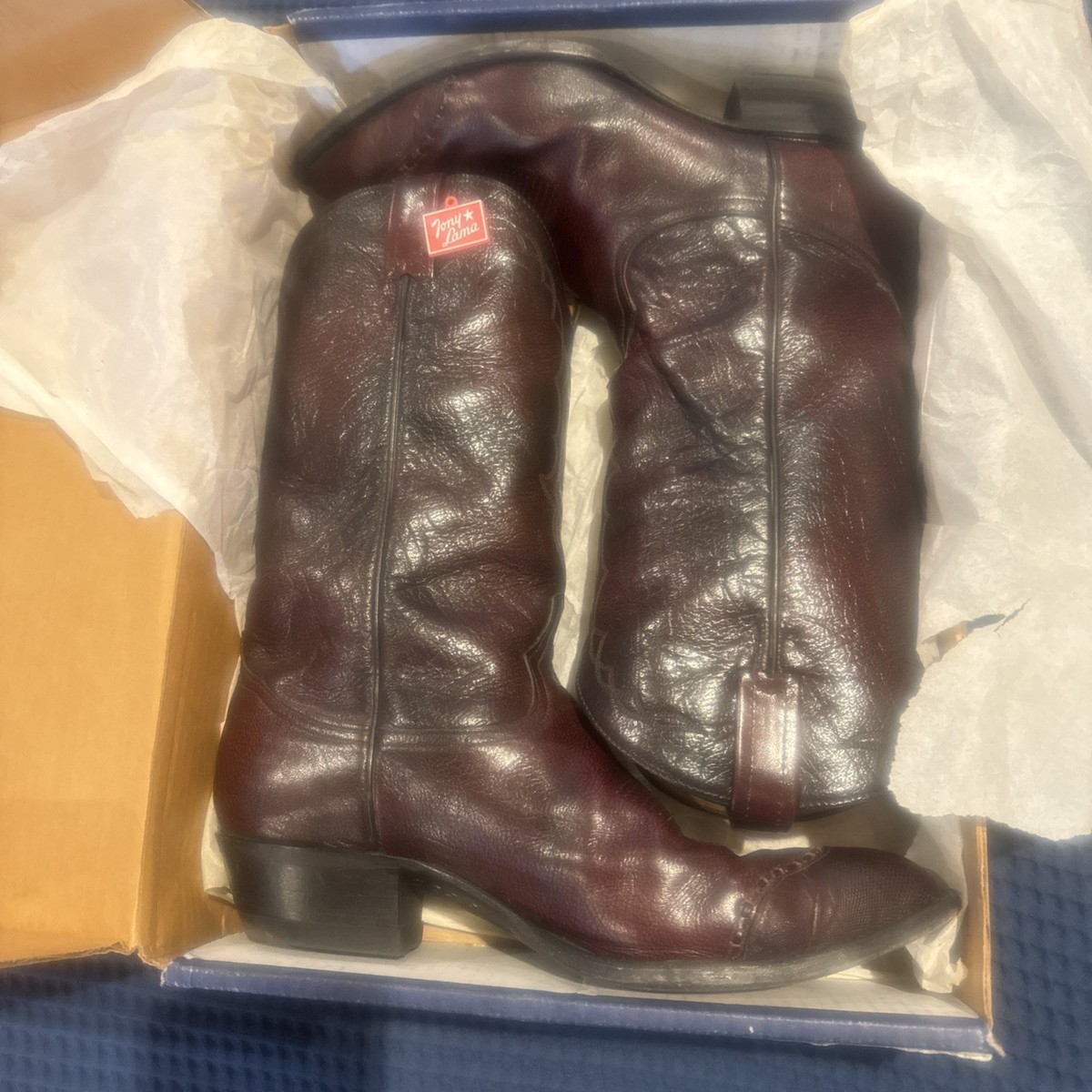 Vintage Tony Lama Mens 12 Black Cherry Buffalo Leather Boots 