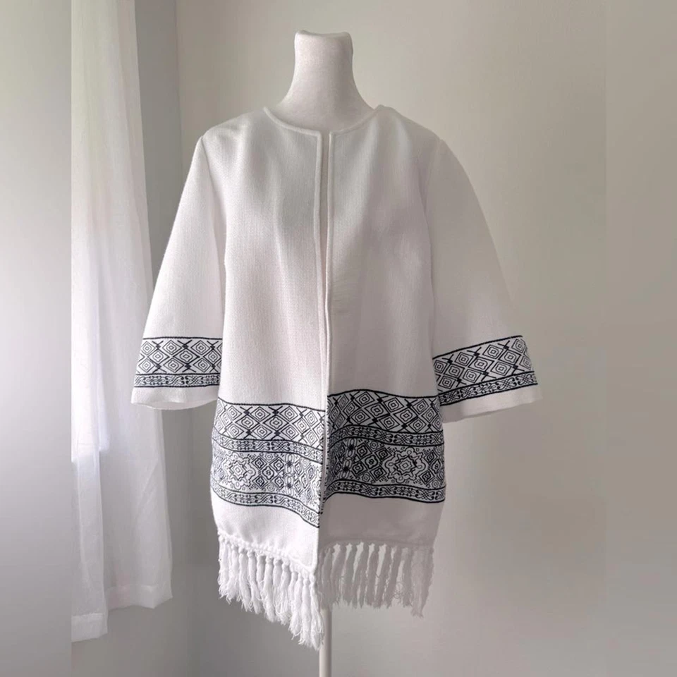 Chico’s Black & White Open Front Relaxed Fit 3/4 Sleeve Fringe Jacket - Image 2 of 4