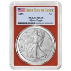 2025 $1 American Silver Eagle PCGS MS70 FDOI Flag Label Red Frame