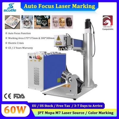 60W Auto Focus JPT Mopa M7 Fiber Laser Marking Engraving Machine & Rotary Axis