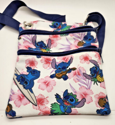 Disney Lilo & Stitch Triple Zip Crossbody Bag-Floral Surfboard Pattern pink blue