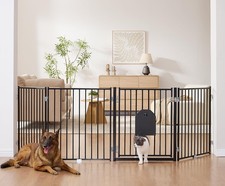 Standing Dog Gate with Cat Door, 30'' Tall Foldable Dog Fence for Indoor  Ou...