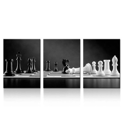 iKNOW FOTO 3 Panel Modern Black and White Chess Board Canvas Wall Art Poster ...