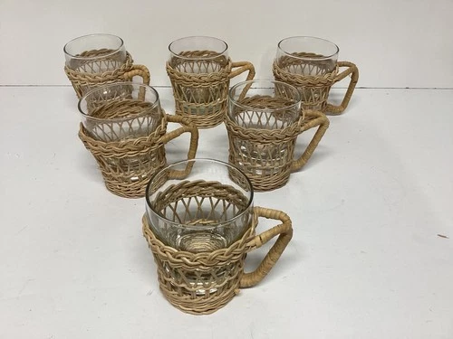Set of 6 Wicker Holders With Handles And Glass Cups Rattan Vintage