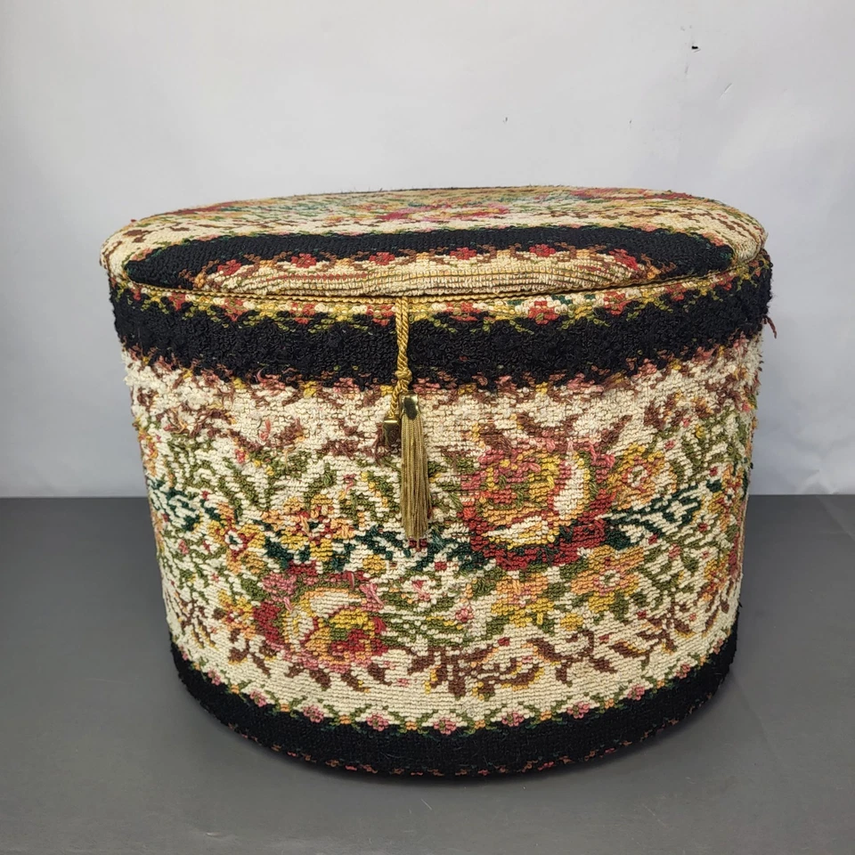 Vintage Storage Ottoman / Footstool Tapestry Floral Theme Sewing Box Handmade  - Image 4 of 4