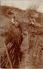 1910s Two World War 1 Soldiers in a Trench Military Real Photo Postcard