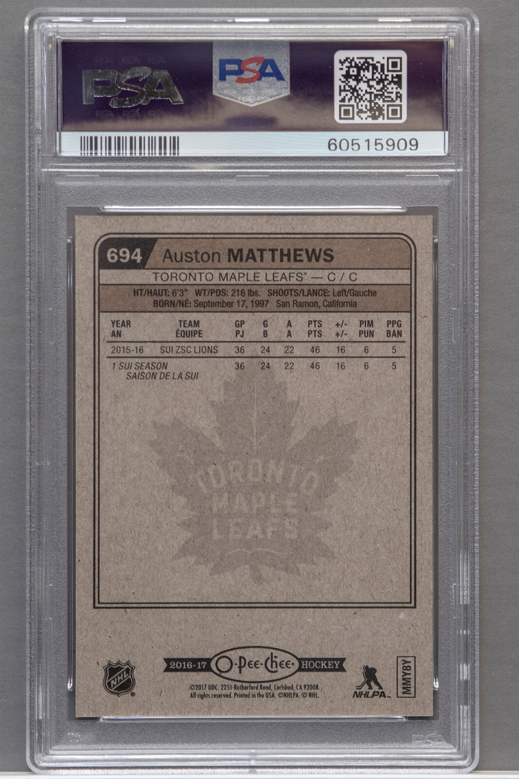2016 UD O-Pee-Chee #694 Auston Matthews Update PSA 10 Gem Mint view 2