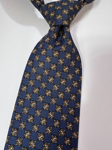 Brioni Tie 100% Silk Made in Italy Blue Gold Geometric Pattern Luxury Tie