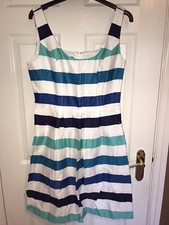 Nine West Blue Green White Striped Knee Dress Summer Designer Size 12 UK Cotton