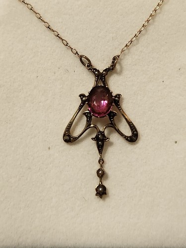 Antique 9ct Rose Gold Garnet & Seed Pearl Pendant On Chain. c1900. - Picture 4 of 16