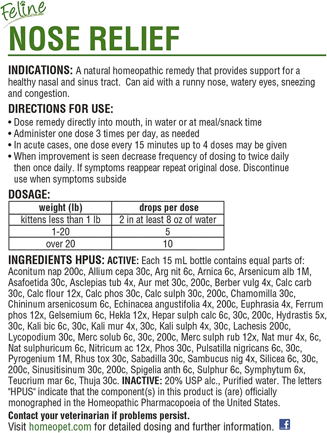 Homeopet Feline Nose Relief, Safe and Natural Nasal and Sinus Medicine