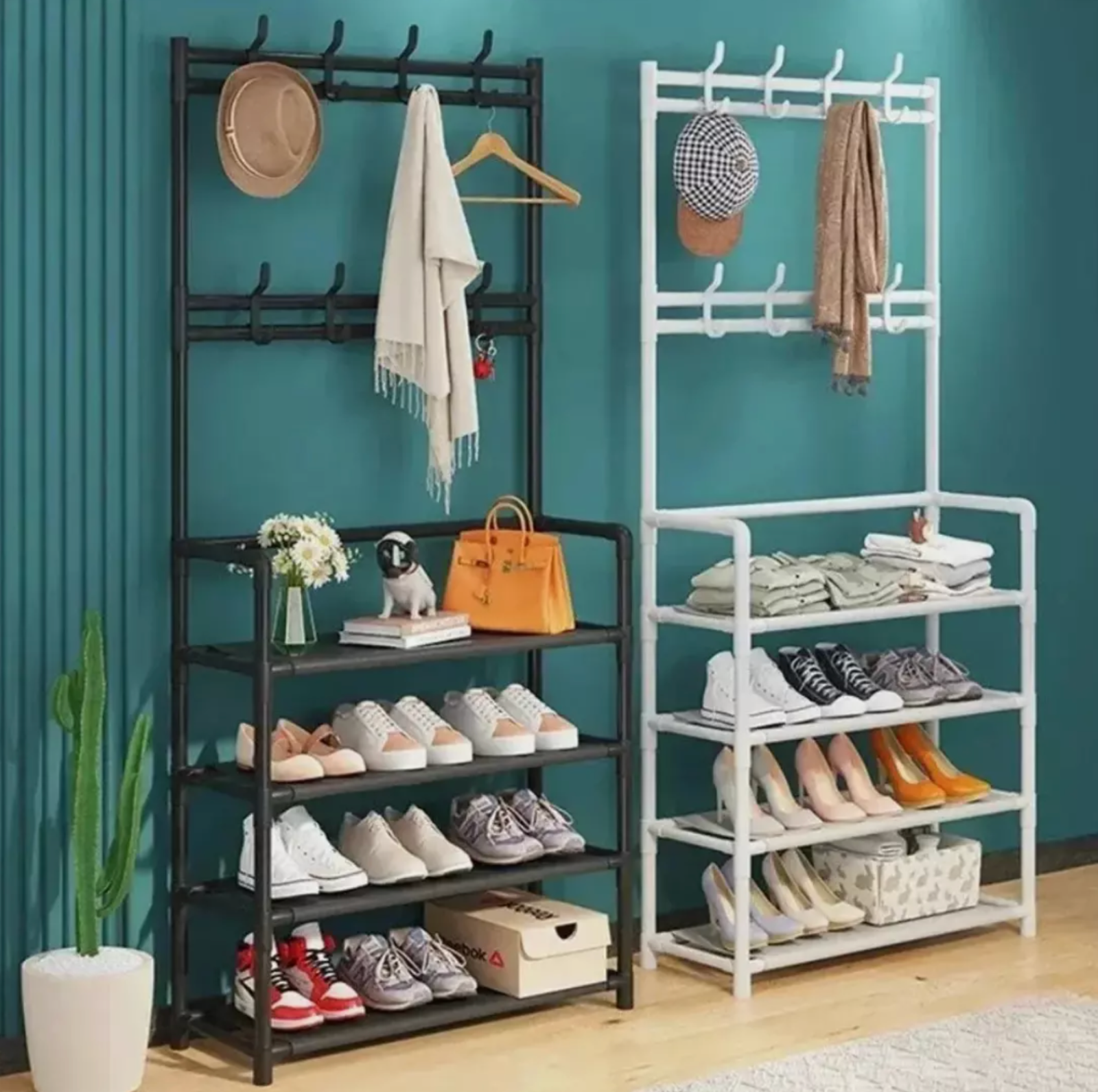 Multi-Layer Shoe Rack Organizer with Clothes Hanger Easy Assembly in Black-image