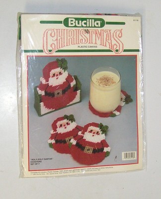 Christmas Plastic Canvas Kit Roly Poly Santas 6 Coaster 1 Holder Cottage Bucilla