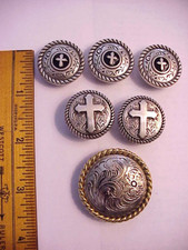 6 VINTAGE WESTERN ENGRAVED CONCHO SCREW BACK 5 WITH CHRISTIAN CROSSES 1 ENGRAVED