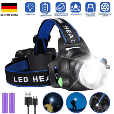 1000 Lumen Super Hell LED Stirnlampe USB Scheinwerfer Kopflampe Taschenlampe 
