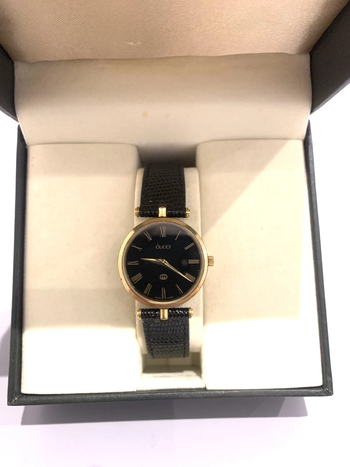 Montre Bracelet Femme Vintage Gucci Élégante Noir Or Croc Effet Serpent Bracelet