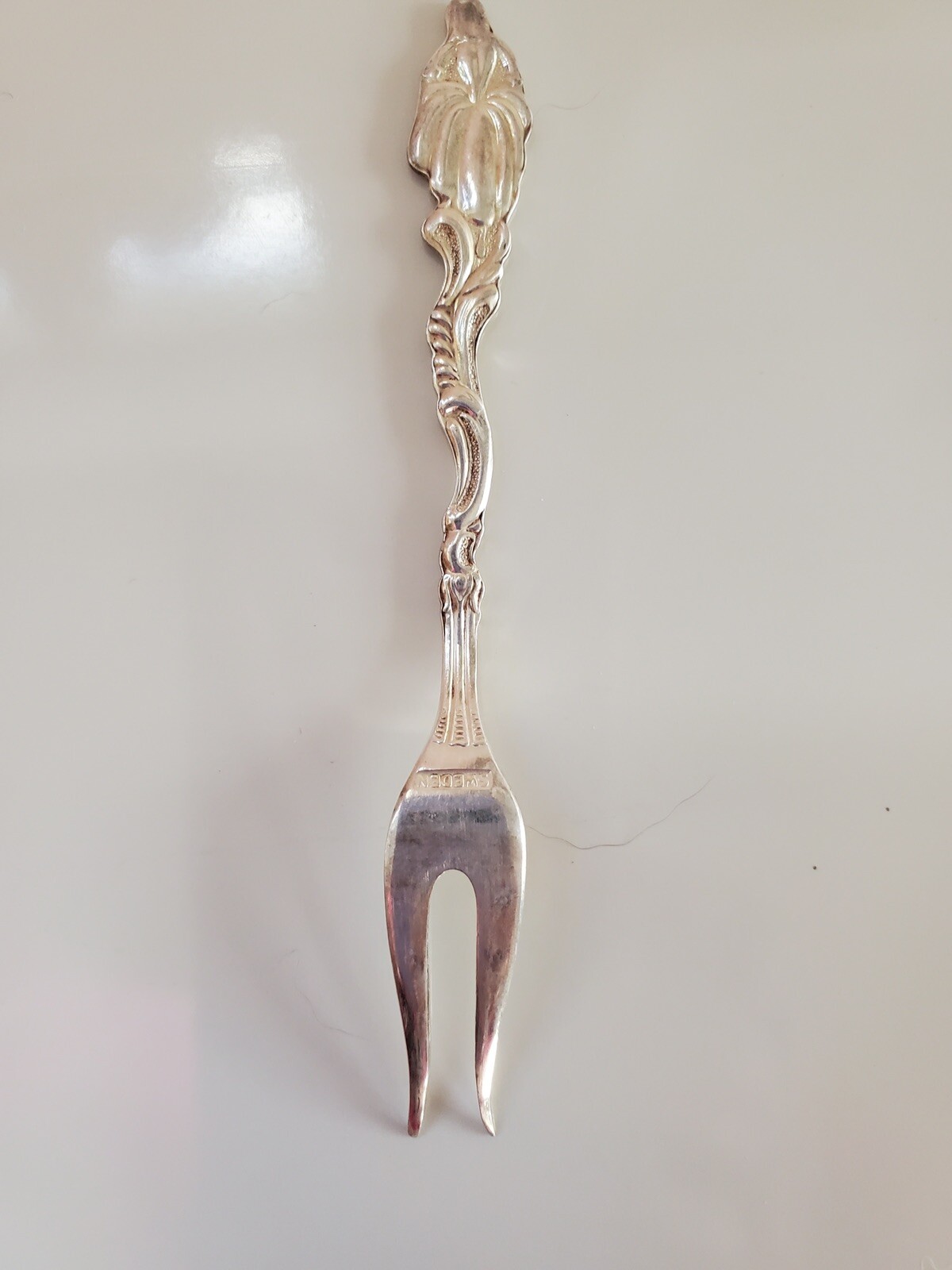 Vintage Silverplate Sweden Woman Figure Cocktail Olive Pickle Fork 4” Ornate