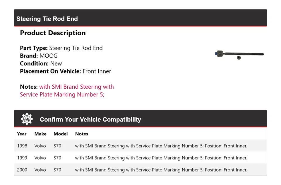 Para Volvo S70 1998-2000 extremo de barra de dirección interior delantero MOOG 1998 1999 2000 Foto 2 de 4
